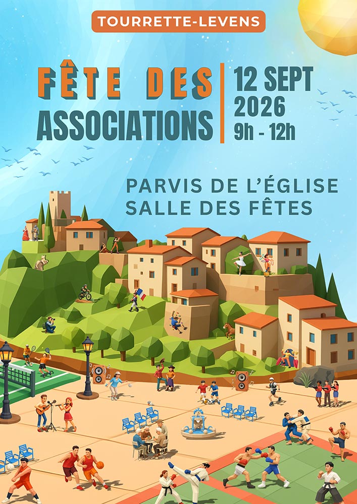 Affiche de la Fête des Associations de Tourrette-Levens, samedi 12 septembre 2026 de 9h à 12h, parvis de l'église et salle des fêtes